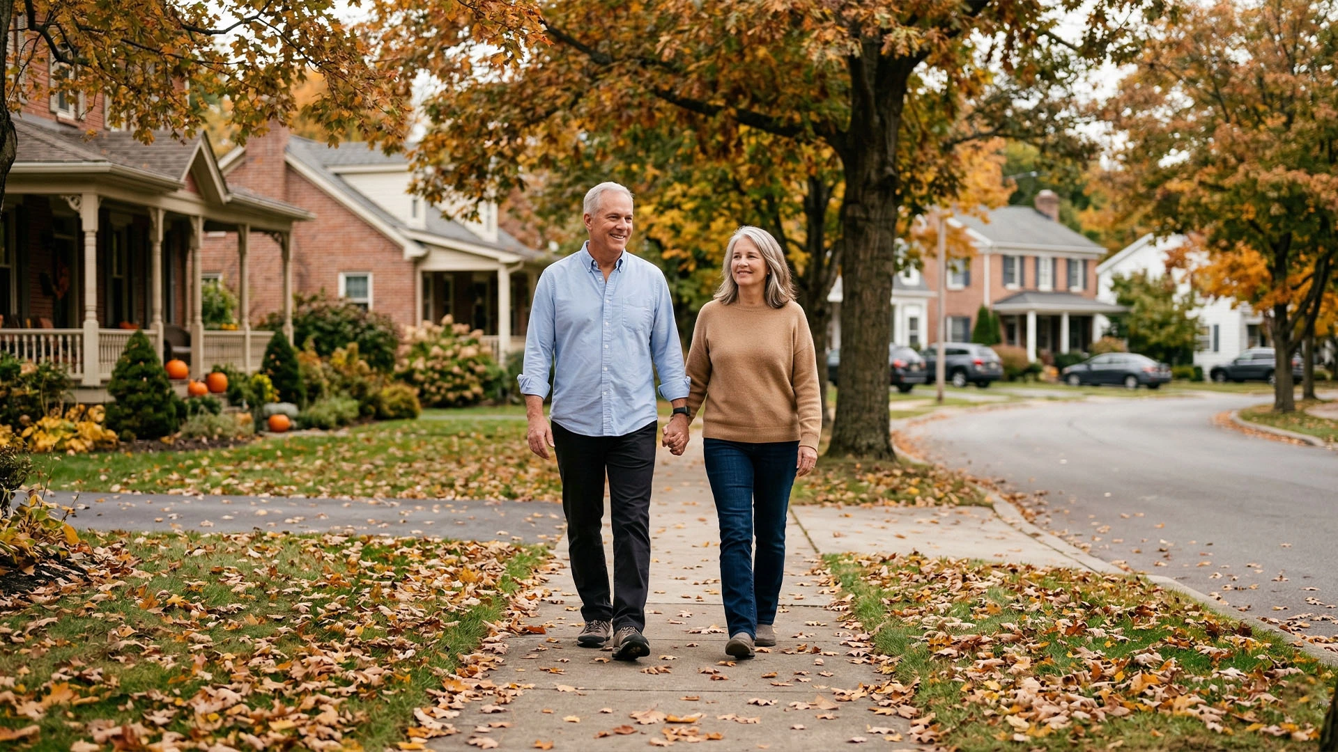 Couple walking through their neighborhood, enjoying retirement together